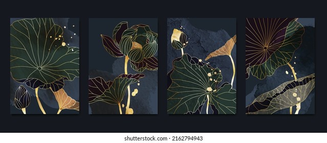 Set of abstract golden wall art template. Elegant line art, lotus flowers, leaves, foliage on dark background. Collection of luxury wall decoration perfect for decorative, interior, prints, banner.