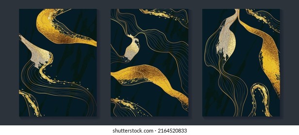 Set of abstract golden wall art template. Line art, lines, curved and wavy line, gold foil texture. Collection of luxury landscape wall decoration perfect for decorative, interior, prints, banner.