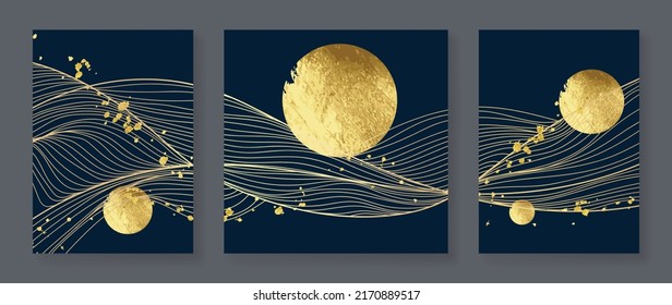 Set Of Abstract Golden Wall Art Vector. Line Art, Lines, Curved And Wavy Line, Gold Texture, Circle Shapes. Collection Of Luxury Wall Decoration Perfect For Decorative, Interior, Prints, Banner.