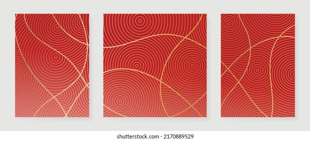 Conjunto de vector abstracto de arte de pared dorada. Arte de línea, líneas, línea curva y ondulada, formas de círculos dorados, geometría. Colección de lujosa decoración de paredes perfecta para decoraciones, interiores, impresiones, banner.