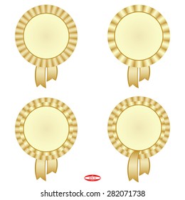 set of abstract golden winner rosettes  with beige ribbon isolated on white background. vector illustration