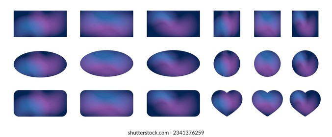 Conjunto de banners abstractos de degradado. Pegatinas azul oscuro y morado. Etiquetas holográficas ovaladas, redondas, cuadradas, rectangulares y en forma de corazón. Banderas geométricas con efecto camaleón. Fondo de la luna