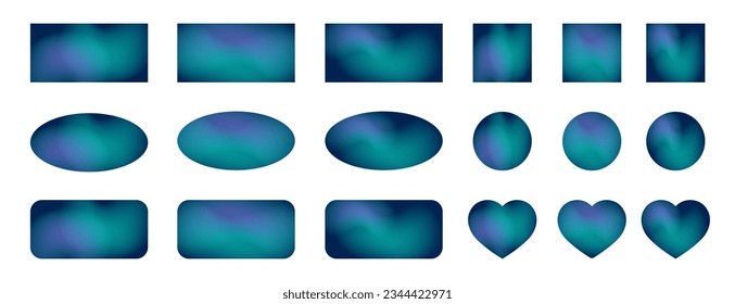 Set of abstract gradient banners. Dark blue and green stickers. Oval, round, square, rectangular and heart-shaped holographic  labels. Geometric banners with chameleon effect. Moonstone background