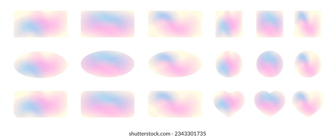 Set of abstract gradient banners. Yellow,  blue and pink stickers. Oval, round, square, rectangular and heart-shaped holographic labels. Geometric banners with chameleon effect