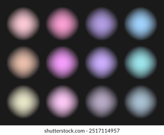 Set of abstract gradient blur spots. Multicolor blurred circles, soft rainbow color dots isolated on dark background. Glow round design elements. Holographic round spots. Circular blurry stains