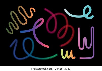 Set of abstract gradient color handwritten lines strokes spirals