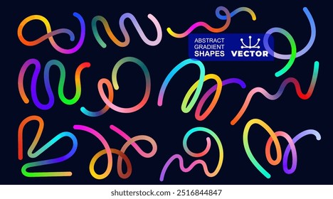 Set of abstract gradient color handwritten lines strokes spirals. Gradient abstract shapes. Vector graphic with wavy lines in rainbow colors. Colorful fluid wave pattern. Vector design is easy to edit