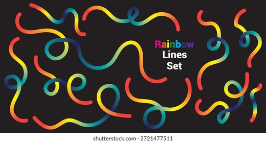Set of abstract gradient color handwritten lines strokes spirals. Gradient abstract shapes. Vector graphic with wavy lines in rainbow colors. Colorful fluid wave pattern. Vector design is easy to edit