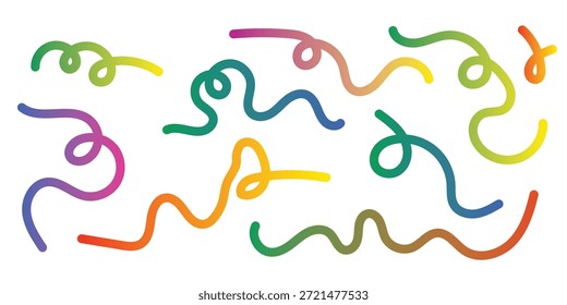 Conjunto de líneas escritas a mano de color degradado abstracto trazos espirales. Formas abstractas de degradado. Gráfico de Vector con líneas onduladas en colores del arco iris. Patrón de onda de fluido colorido. El diseño del Vector es fácil de editar