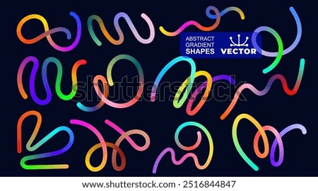 Set of abstract gradient color handwritten lines strokes spirals. Gradient abstract shapes. Vector graphic with wavy lines in rainbow colors. Colorful fluid wave pattern. Vector design is easy to edit