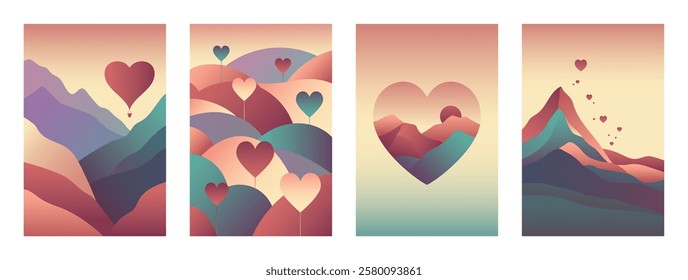 Set of abstract gradient colorful posters, landscapes and hearts. Modern trendy minimal flat design for wallpaper, wall decor, card, print, cover. Saint Valentine's day concept, Vector illustration