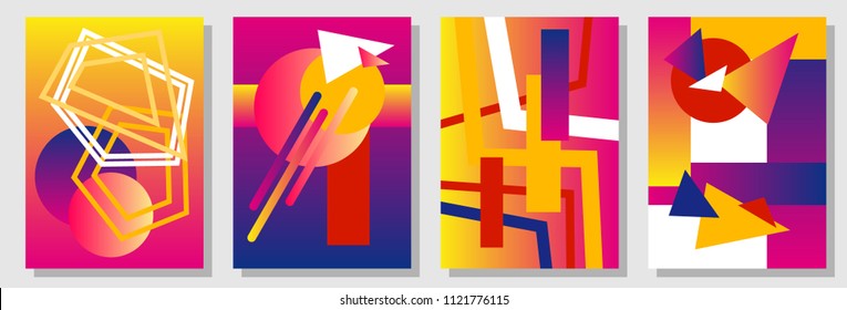 Set of abstract gradient covers inspired by Bauhaus art. Colorful geometric elements on gradation backgrounds. Template for cards, posters, banners.