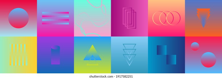 Set of Abstract Gradient Design Elements in Retro Cyberpunk Neon Style. Abstract Optical Illusion Geometric Shapes on Modern Gradient Backgrounds