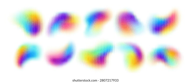 Set of abstract gradient flow vector elements with ribbed glass texture. Iridescent rainbow blobs with blurred edges and subtle vertical stripe distortion.