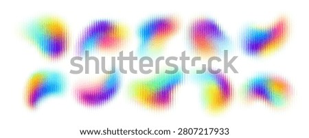 Set of abstract gradient flow vector elements with ribbed glass texture. Iridescent rainbow blobs with blurred edges and subtle vertical stripe distortion.