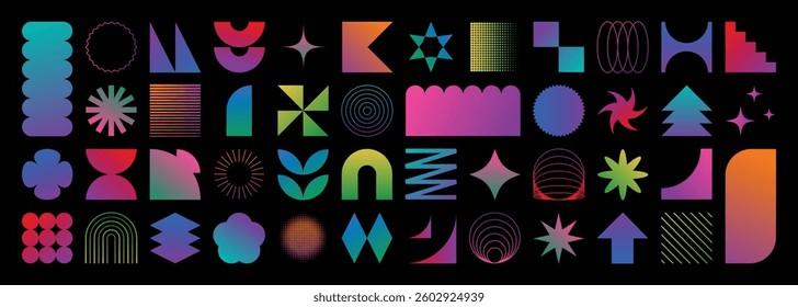 Set of abstract gradient geometric shapes vector. Collection of contemporary figure, flower, circle, sparkle, pixel, halftone, line. Design element perfect for banner, prints, stickers, decor.