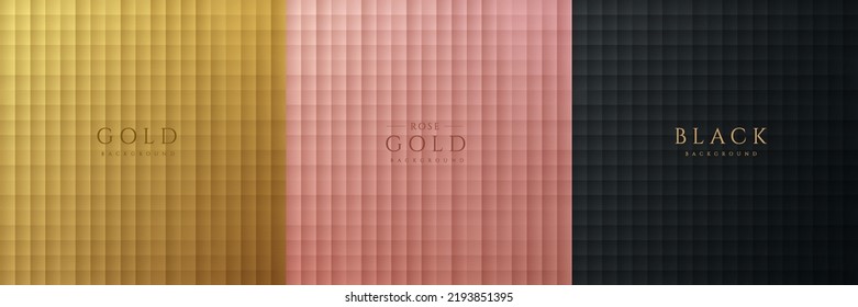 Set of abstract gradient geometric square pattern with shadow on golden, pink gold and black background. Luxury texture banner design. Can use for ad, poster, template, cover. Vector illustration.