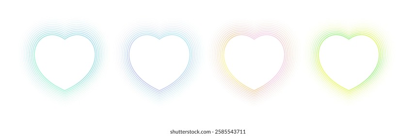 Set of abstract gradient heart shape isolated on white backgrounds. Collection colorful blend mesh lines with soft neon light color. Heart frames for Valentine day banner promotion design.