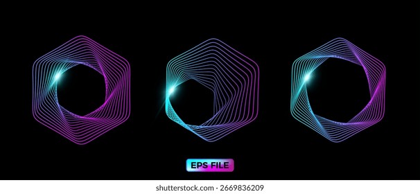 A set of abstract gradient hexagon symbols that swirl around. Twisted wire frame tunnel
