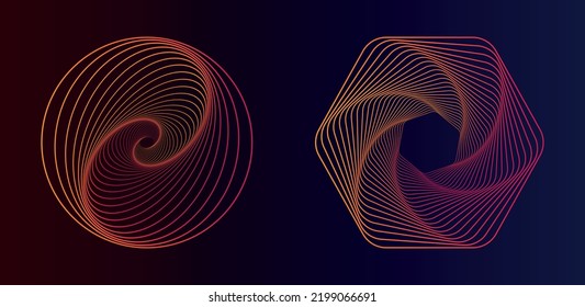 
Set of abstract gradient spirals. Vector illustration of sacred geometry.Twisted colored spirals. Spiral tunnels in the shape of a circle and a hexagon.Wireframe  shapes.Design logo