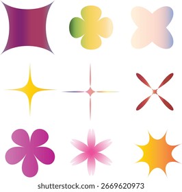 Um conjunto de formas vetoriais de gradiente abstrato, incluindo elementos florais, estelar e objetos de design decorativos. Perfeito para design digital, fundos, branding, impressão, web e projetos gráficos modernos