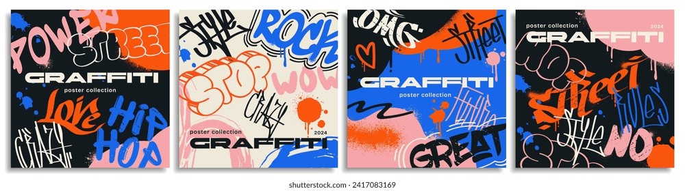 Set of abstract graffiti posters. Collection of street art covers with paint splashes, scribbles and tags. Trendy hand drawn banners. Cartoon flat vector illustrations isolated on white background