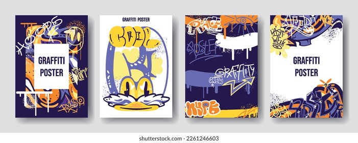 Set of abstract graffiti posters. Colorful banners with street art. Covers with hand drawn tags, smudges, phrases, splashes and scribbles. Cartoon flat vector collection isolated on gray background