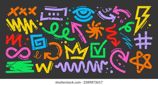 Set of abstract graffiti symbols on dark background