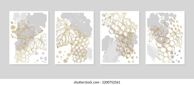 Set of Abstract grape Hand Painted Illustrations for Wall Decoration, minimalist shell in sketch style. Postcard, Social Media Banner, Brochure Cover Design Background. Modern Abstract Painting.