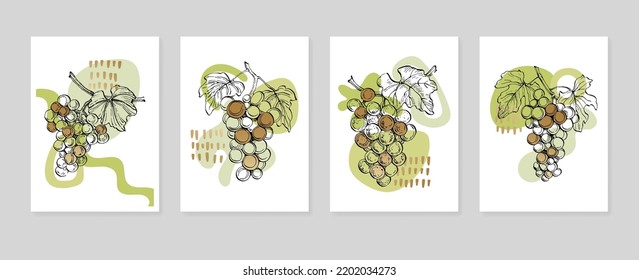 Set of Abstract grape Hand Painted Illustrations for Wall Decoration, minimalist shell in sketch style. Postcard, Social Media Banner, Brochure Cover Design Background. Modern Abstract Painting.