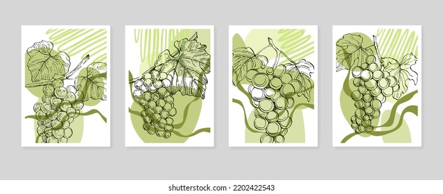 Set of Abstract grape Hand Painted Illustrations for Wall Decoration, minimalist shell in sketch style. Postcard, Social Media Banner, Brochure Cover Design Background. Modern Abstract Painting.
