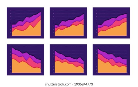 Set Abstract graph line go up and down. concept of business growth or lower. Modern design graphics on dark background. Vector illustration.  