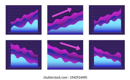 Set Abstract graph line moving up and down. concept of business growth or lower. Modern futuristic design graphics on dark background. Vector illustration.  