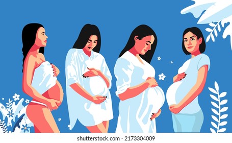 Set of abstract Graphic Bundle, modern art about pregnancy and motherhood - mother concept. Poster with a beautiful young pregnant woman in white clothing with long black hair on the blue background. 