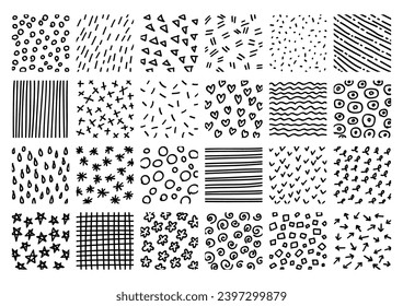 Set of abstract graphic design elements. Black and white cute abstract hand-drawn pattern. Vector illustration. White background.