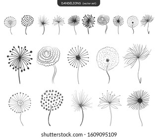 Set of abstract graphic doodle dandelions. Design element for fabric, wrapping paper, congratulation cards, print, banners. Hand drawn fluffy dandelion. Black and White vector illustration. EPS 10.