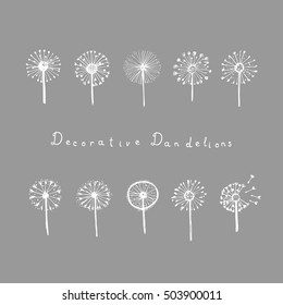 Set of abstract graphic doodle dandelions. Decorative Elements for design, dandelions