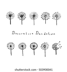 Set of abstract graphic doodle dandelions. Decorative Elements for design, dandelions