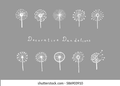 Set of abstract graphic doodle dandelions. Decorative Elements for design, dandelions