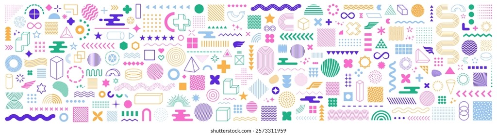 Set of abstract graphic element. Geometric shapes. Memphis design, sticker pack, y2k,  aesthetics, brutalism, retro elements, vintage. Vector illustration with wavy and zig zag elements.