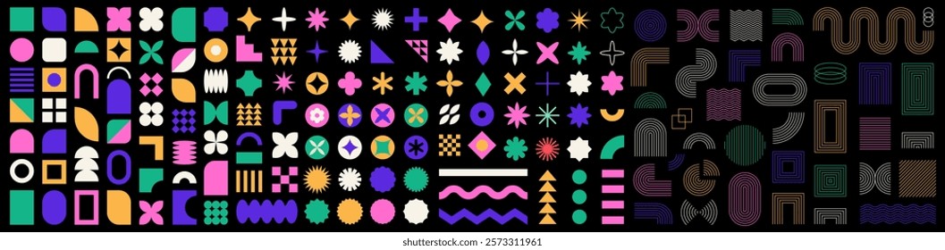 Set of abstract graphic element. Geometric shapes. Memphis design, sticker pack, y2k,  aesthetics, brutalism, retro elements, vintage. Vector illustration with wavy and zig zag elements.