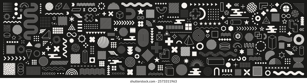 Set of abstract graphic element. Geometric shapes. Memphis design, sticker pack, y2k,  aesthetics, brutalism, retro elements, vintage. Vector illustration with wavy and zig zag elements.