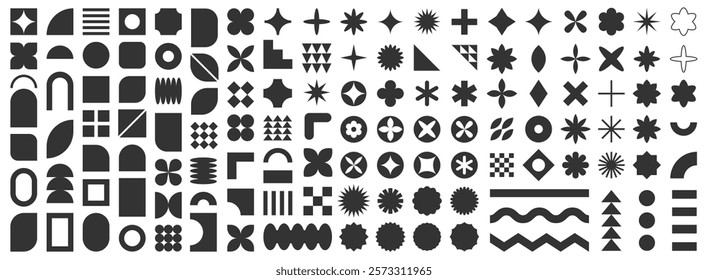 Set of abstract graphic element. Geometric shapes. Memphis design, sticker pack, y2k,  aesthetics, brutalism, retro elements, vintage. Vector illustration with wavy and zig zag elements.