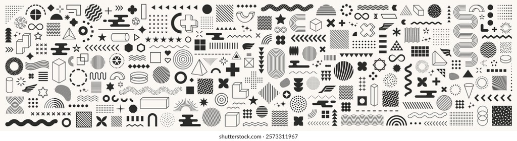 Set of abstract graphic element. Geometric shapes. Memphis design, sticker pack, y2k,  aesthetics, brutalism, retro elements, vintage. Vector illustration with wavy and zig zag elements.