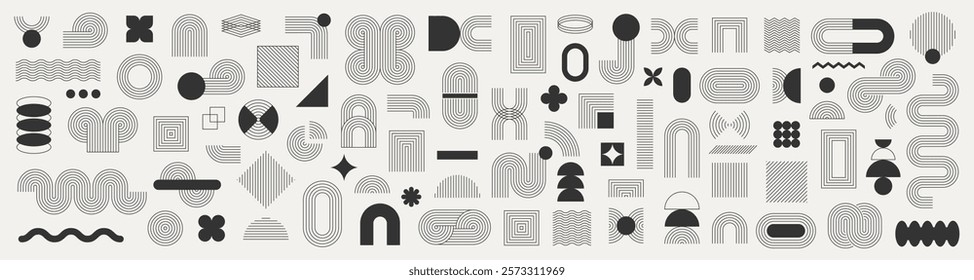 Set of abstract graphic element. Geometric shapes. Memphis design, sticker pack, y2k,  aesthetics, brutalism, retro elements, vintage. Vector illustration with wavy and zig zag elements.