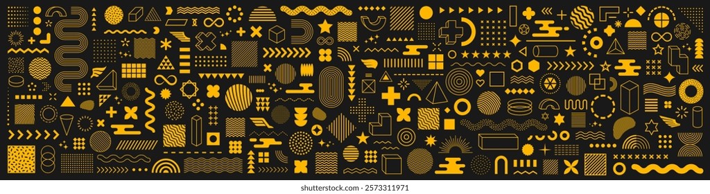 Set of abstract graphic element. Geometric shapes. Memphis design, sticker pack, y2k,  aesthetics, brutalism, retro elements, vintage. Vector illustration with wavy and zig zag elements.