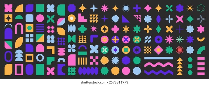 Set of abstract graphic element. Geometric shapes. Memphis design, sticker pack, y2k,  aesthetics, brutalism, retro elements, vintage. Vector illustration with wavy and zig zag elements.