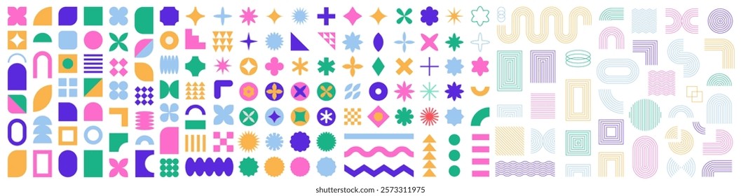 Set of abstract graphic element. Geometric shapes. Memphis design, sticker pack, y2k,  aesthetics, brutalism, retro elements, vintage. Vector illustration with wavy and zig zag elements.