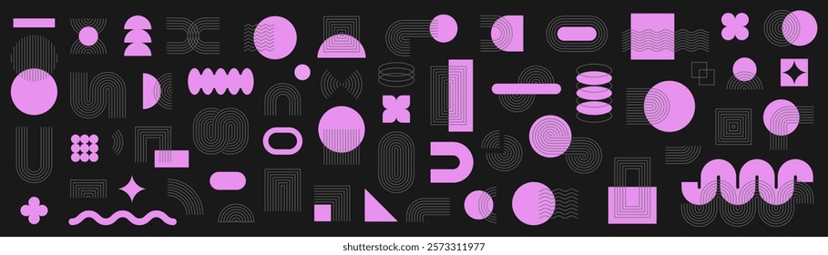 Set of abstract graphic element. Geometric shapes. Memphis design, sticker pack, y2k,  aesthetics, brutalism, retro elements, vintage. Vector illustration with wavy and zig zag elements.