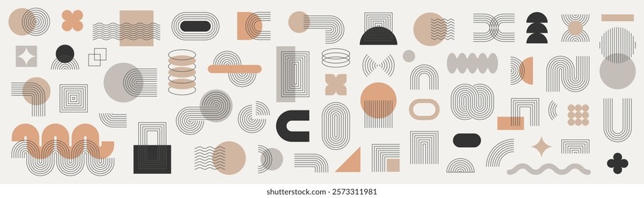 Set of abstract graphic element. Geometric shapes. Memphis design, sticker pack, y2k,  aesthetics, brutalism, retro elements, vintage. Vector illustration with wavy and zig zag elements.